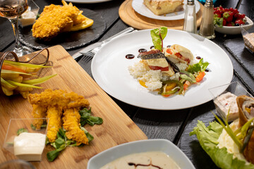 details of tasty brunch with chicken, tomato and desert