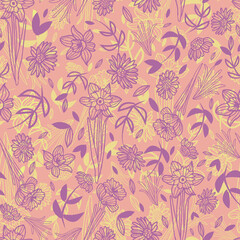 Vector green pink purple flowers seamless pattern 