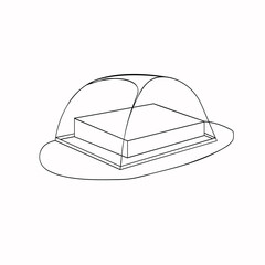 A black and white vector illustration of a butter piece in a glass butter box isolated on white background. A design element for prints, projects, as a coloring page for adults and kids.