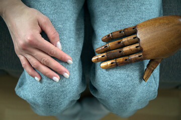 Hands photo. Sofa. Help. Robot hand. 