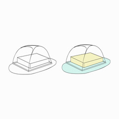 A jpeg illustration of two butter pieces in butter box with a glass covers isolated on white background. Designed in yellow, light green colors for prints, projects, as a coloring page for adults and 