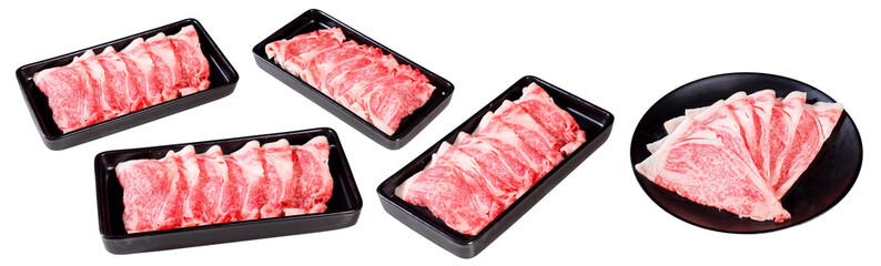set of beef slice in black place on isolated white background, include clipping path