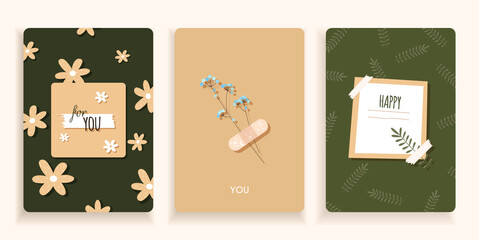 Set of cards in a minimal style and green colors with flowers hand drawn. Romantic Cards and botanical posters