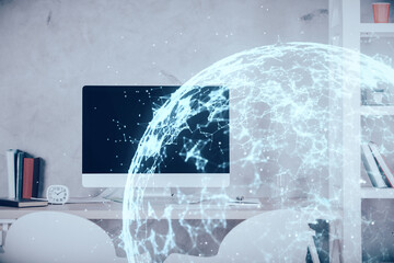 Double exposure of social network theme drawing and office interior background. Concept of web.