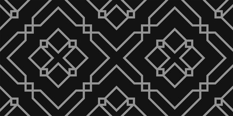 Background pattern with geometric ornament on a black background. Seamless pattern, wallpaper texture. Vector image