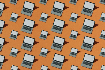 Software development, programming, coding, e-learning, reading digital book. Seamless minimalistic isometric laptop pattern.