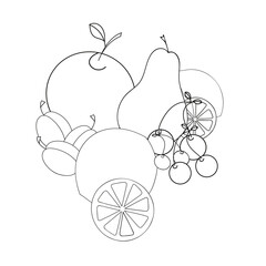 A jpeg illustration of plums, cherries, pears, apples, oranges, lemons, citrus slices isolated on white background. A design element for prints, backgrounds, as a coloring page for adults and kids.