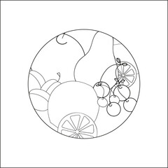 A vector illustration of plums, cherries, pears, apples, oranges, lemons, citrus slices isolated on white round cover. A design element for prints, backgrounds, templates for adults and kids.