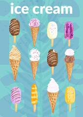 Hand drawn ice cream cones and popsicles on green summer