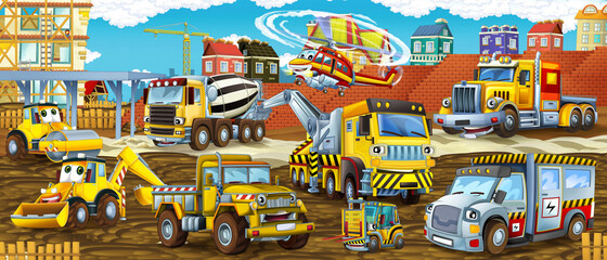 cartoon scene construction site cars and helicopter