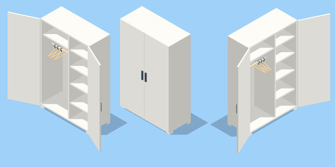 Isometric set icons of large empty wardrobes. Empty white wardrobe and hangers isolated
