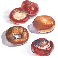 Buns bread cheesecake watercolor on white background