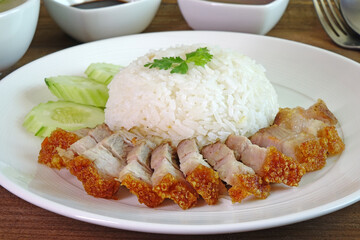 Rice crispy pork (Kao Moo krop) , popular Thai local food for breakfast and lunch