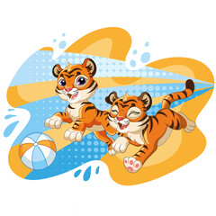 Two cute jumping dynamic tiger cartoon character vector