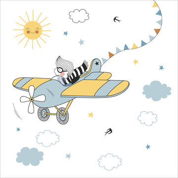 Little Boy Pilot in Airplane vector illustration. Aviator Birthday Party design. Cute cartoon boy kid character fly in retro plane in sunny sky.