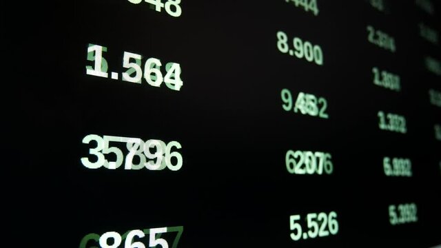 Perspective of green changing random numbers on a screen, zooming out. Black background. Useful concept for stock markets, big data, cloud computing, internet, coding, matrix, cyberspace