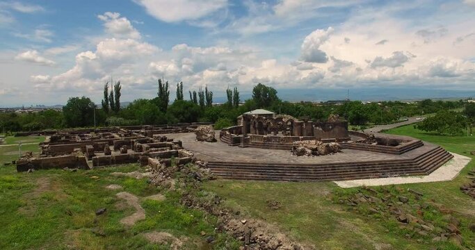 Zvartnots Cathedral, Armenia, Central Asia, Unesco heritage site. Aerial footage Zvartnotc ruin. Archaeological value.