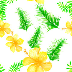 Fototapeta na wymiar Green Tropical Leaf. Beige Seamless Palm. White Pattern Illustration. Yellow Flower Background. Organic Spring Foliage. Natural Decoration Vintage. Garden Palm.