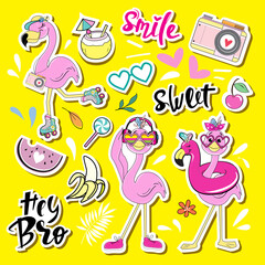Cute summer stickers flamingos and summer items on a yellow background. Vector fashion patch badges set. Funny summer animals cartoon