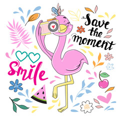 Cute summer stickers with flamingo with camera. Funny cartoon animals for t-shirt design, greeting card, baby shower. Inscription smile, save the moment