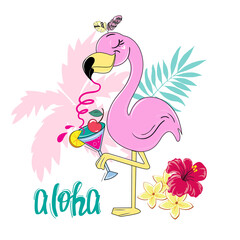 Cute summer stickers with flamingo. Funny cartoon animals for t-shirt design, greeting card, baby shower