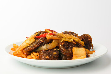 Stir-fried pork intestines on white background