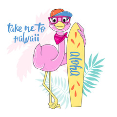 Funny pink cartoon summer flamingo and surfboard. Vector illustration for children. Design for t-shirts, postcard, home decorations