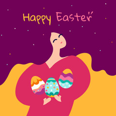 Easter banner, cover, poster,  colourful eggs. Abstract background with text "Happy Easter" and rabbit ears. Bright seasonal spring flat vector design and woman. Beautiful hair. Egg hunt illustration.