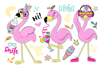 Set of summer flamingos stickers, leaves and lettering smile, aloha. Vector illustration of funny animals for t-shirt.