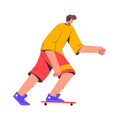 Skateboarder rides and listens to music. Young man or teenager riding skateboard