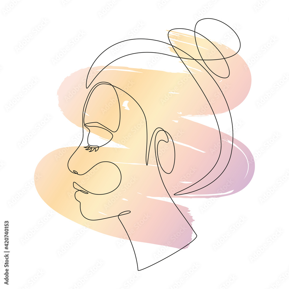 Poster Woman face in single line art style. Continuous one line portrait with abstract gradient brush stroke for prints, tattoos, posters, emblems, cards and logos. Vector illustration