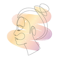 Woman face in single line art style. Continuous one line portrait with abstract gradient brush stroke for prints, tattoos, posters, emblems, cards and logos. Vector illustration