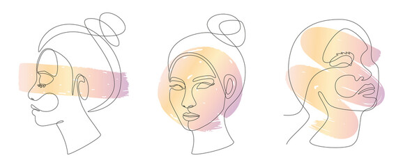Set of Asian women faces in one line art style. Vector Continuous line drawing portrait with abstract gradient brush stroke for prints, tattoos, posters, emblems, cards and logo