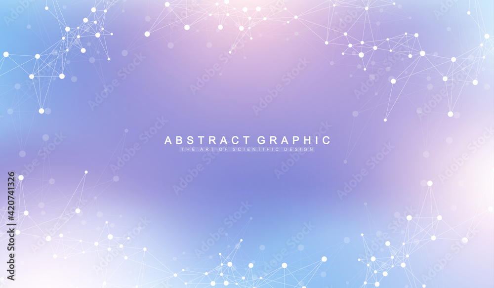 Poster Expansion of life. Colorful explosion background with connected line and dots, wave flow. Visualization Quantum technology. Abstract graphic background explosion, motion burst, vector illustration