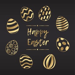 Happy Easter vector holiday banner. Golden eggs frame isolated on black background. 