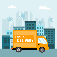Naklejka premium Express delivery service concept vector illustration. Logistic process. Delivery truck with city and virus cells on background.