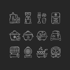 Small kitchen appliance chalk white icons set on black background. Smart kettle. Coffee grinder. Immersion blender. Ice cream machine. Slow cooker. Toaster. Isolated vector chalkboard illustrations