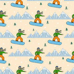 Children's playful seamless pattern. Snowboarder, snow-covered mountains, pines. Hand-drawn colorful background for textiles, packaging, fabrics, decorations, youth products and accessories