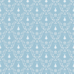 Ornament in the rococo style in white and cyan colors. Hand-drawn seamless patterns. Old fashioned stylish design for wallpaper, interior decor, cards, fabrics, textiles, posters, packaging, printing
