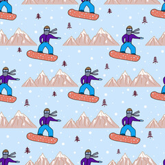 Seamless background with a snowboarder in a cartoon style. Funny bright print for kids, sportswear, packaging paper