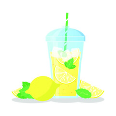 Vector illustration of a take away glass with a smoothie, a straw and fruits on white background. Healthy food and drinks. 