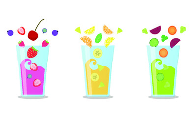 Vector illustration of glasses with smoothies, fruits and vegetables slices on white background. Healthy food and drinks. 