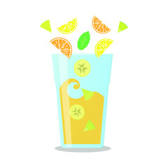 Vector illustration of a glass with a smoothie and fruits slices on white background. Healthy food and drinks. 
