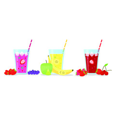 Vector illustration of glasses with smoothies, straws and fruits and berries on white background. Healthy food and drinks. 