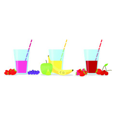 Vector illustration of glasses with smoothies, straws and fruits and berries on white background. Healthy food and drinks. 