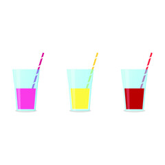 Vector illustration of glasses with smoothies, straws and slices of fruits and berries on white background. Healthy food and drinks. 
