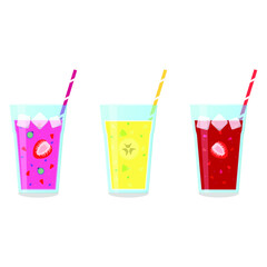 Vector illustration of glasses with smoothies, straws and slices of fruits and berries on white background. Healthy food and drinks. 