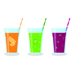 Vector illustration of glasses with smoothies, straws and slices of fruits and vegetables on white background. Healthy food and drinks. 