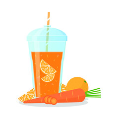Vector illustration of a take away glass with a smoothie, a straw, fruits and vegetables on white background. Healthy food and drinks. 