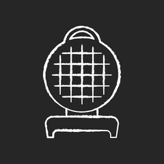 Waffle maker chalk white icon on black background. Iron press for home cooking. Home tabletop cooker. Small kitchen appliance. Belgian biscuits preparation. Isolated vector chalkboard illustration